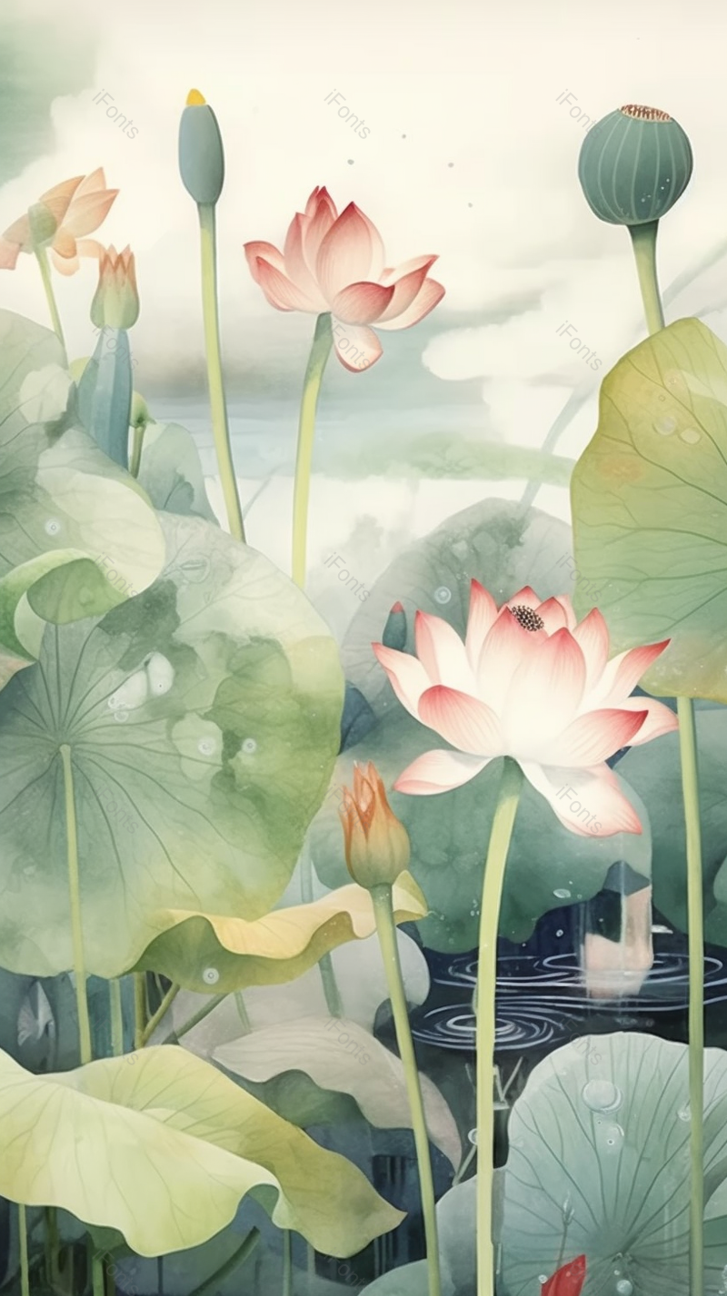 水面夏天夏至荷花盛开开花荷叶植物水面户外景色自然插画,插画/手绘图,插画/手绘图库,插画/手绘图下载,插画/手绘
